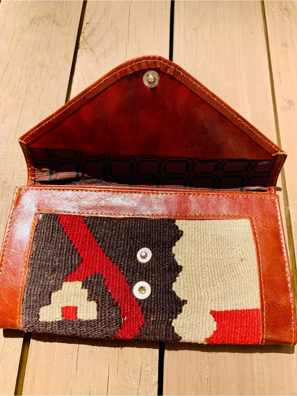Handwoven Envelope Clutch with Brown Leather Trim in Brown and Red